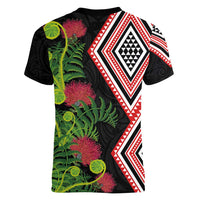 Aotearoa Tukutuku Motif Women V-Neck T-Shirt Pohutukawa and Fern Leaves LT03 - Polynesian Pride