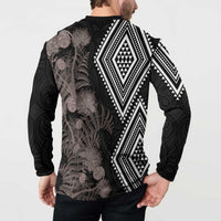 Aotearoa Tukutuku Motif Button Sweatshirt Pohutukawa and Fern Leaves Grayscale Color LT03 - Polynesian Pride