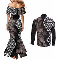Aotearoa Tukutuku Motif Couples Matching Mermaid Dress and Long Sleeve Button Shirt Pohutukawa and Fern Leaves Grayscale Color LT03 - Polynesian Pride