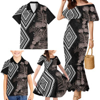 Aotearoa Tukutuku Motif Family Matching Mermaid Dress and Hawaiian Shirt Pohutukawa and Fern Leaves Grayscale Color