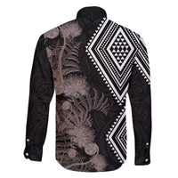 Aotearoa Tukutuku Motif Family Matching Off The Shoulder Long Sleeve Dress and Hawaiian Shirt Pohutukawa and Fern Leaves Grayscale Color