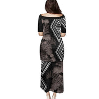 Aotearoa Tukutuku Motif Family Matching Puletasi and Hawaiian Shirt Pohutukawa and Fern Leaves Grayscale Color