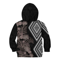 Aotearoa Tukutuku Motif Kid Hoodie Pohutukawa and Fern Leaves Grayscale Color