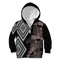 Aotearoa Tukutuku Motif Kid Hoodie Pohutukawa and Fern Leaves Grayscale Color