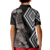 Aotearoa Tukutuku Motif Kid Polo Shirt Pohutukawa and Fern Leaves Grayscale Color