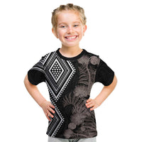 Aotearoa Tukutuku Motif Kid T Shirt Pohutukawa and Fern Leaves Grayscale Color