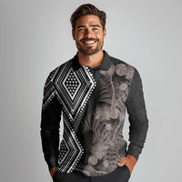 Aotearoa Tukutuku Motif Long Sleeve Polo Shirt Pohutukawa and Fern Leaves Grayscale Color LT03 - Polynesian Pride