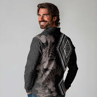 Aotearoa Tukutuku Motif Long Sleeve Polo Shirt Pohutukawa and Fern Leaves Grayscale Color LT03 - Polynesian Pride