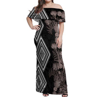 Aotearoa Tukutuku Motif Off Shoulder Maxi Dress Pohutukawa and Fern Leaves Grayscale Color LT03 Women Black - Polynesian Pride