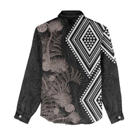 Aotearoa Tukutuku Motif Women Casual Shirt Pohutukawa and Fern Leaves Grayscale Color LT03 - Polynesian Pride