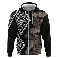 Aotearoa Tukutuku Motif Zip Hoodie Pohutukawa and Fern Leaves Grayscale Color LT03 Zip Hoodie Black - Polynesian Pride