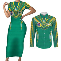 Custom Cook Islands Rugby Couples Matching Short Sleeve Bodycon Dress and Long Sleeve Button Shirt Tatau Art Sport Style Green Color LT03 Green - Polynesian Pride