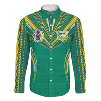 Custom Cook Islands Rugby Family Matching Long Sleeve Bodycon Dress and Hawaiian Shirt Tatau Art Sport Style Green Color LT03 Dad's Shirt - Long Sleeve Green - Polynesian Pride