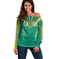 Custom Cook Islands Rugby Off Shoulder Sweater Tatau Art Sport Style Green Color