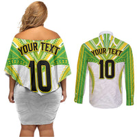 Custom Cook Islands Rugby Couples Matching Off Shoulder Short Dress and Long Sleeve Button Shirt Tatau Art Sport Style White Color LT03 - Polynesian Pride