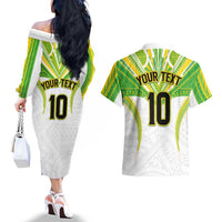 Custom Cook Islands Rugby Couples Matching Off The Shoulder Long Sleeve Dress and Hawaiian Shirt Tatau Art Sport Style White Color LT03 - Polynesian Pride