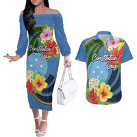Micronesia Constitution Day Couples Matching Off The Shoulder Long Sleeve Dress and Hawaiian Shirt Hibiscus and Tapa Tribal Pattern LT03 Blue - Polynesian Pride