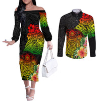 Polynesia Victory Day Couples Matching Off The Shoulder Long Sleeve Dress and Long Sleeve Button Shirt Tribal Turtle and Hibiscus LT03 Reggae - Polynesian Pride