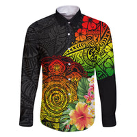 Polynesia Victory Day Family Matching Off Shoulder Short Dress and Hawaiian Shirt Tribal Turtle and Hibiscus LT03 Dad's Shirt - Long Sleeve Reggae - Polynesian Pride