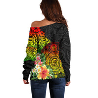 Polynesia Victory Day Off Shoulder Sweater Tribal Turtle and Hibiscus LT03 - Polynesian Pride