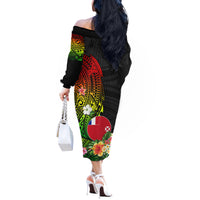 Wallis and Futuna Victory Day Off The Shoulder Long Sleeve Dress Tribal Polynesian Tattoo and Hibiscus Flower LT03 - Polynesian Pride