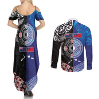 Samoa and Aotearoa Together Couples Matching Summer Maxi Dress and Long Sleeve Button Shirt Tatau Art Tattoos-Taniko and Maori with Fern