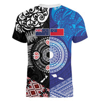 Samoa and Aotearoa Together Women V-Neck T-Shirt Tatau Art Tattoos-Taniko and Maori with Fern