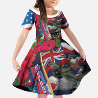 Hawaii and United States Memorial Day Family Matching Short Sleeve Bodycon Dress and Hawaiian Shirt Honor and Remember The Fallen LT03 Daughter's Dress Blue - Polynesian Pride