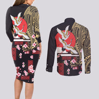 Japanese Culture and Hawaiian Tribal Couples Matching Long Sleeve Bodycon Dress and Long Sleeve Button Shirt Sakura Blossom Tapa Pattern LT03 - Polynesian Pride