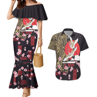 Japanese Culture and Hawaiian Tribal Couples Matching Mermaid Dress and Hawaiian Shirt Sakura Blossom Tapa Pattern LT03 Black - Polynesian Pride