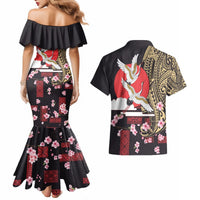 Japanese Culture and Hawaiian Tribal Couples Matching Mermaid Dress and Hawaiian Shirt Sakura Blossom Tapa Pattern LT03 - Polynesian Pride