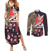 Japanese Culture and Hawaiian Tribal Couples Matching Summer Maxi Dress and Long Sleeve Button Shirt Sakura Blossom Tapa Pattern LT03 Black - Polynesian Pride