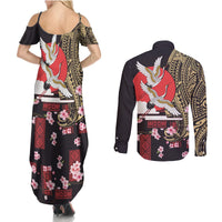 Japanese Culture and Hawaiian Tribal Couples Matching Summer Maxi Dress and Long Sleeve Button Shirt Sakura Blossom Tapa Pattern LT03 - Polynesian Pride