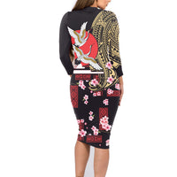 Japanese Culture and Hawaiian Tribal Family Matching Long Sleeve Bodycon Dress and Hawaiian Shirt Sakura Blossom Tapa Pattern LT03 - Polynesian Pride