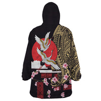 Japanese Culture and Hawaiian Tribal Wearable Blanket Hoodie Sakura Blossom Tapa Pattern