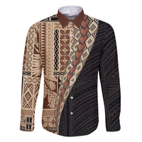 Samoa Siapo Motif Half Style Family Matching Off The Shoulder Long Sleeve Dress and Hawaiian Shirt Brown Version