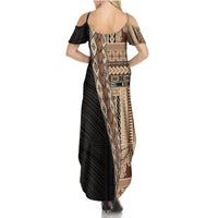Samoa Siapo Motif Half Style Family Matching Summer Maxi Dress and Hawaiian Shirt Brown Version