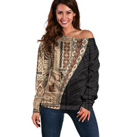 Samoa Siapo Motif Half Style Off Shoulder Sweater Brown Version LT03 Women Brown - Polynesian Pride