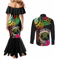 Personalised Vanuatu 44th Anniversary Couples Matching Mermaid Dress and Long Sleeve Button Shirt Boars Tusk and Melanesian Warrior Indipendens Dei LT03 - Polynesian Pride