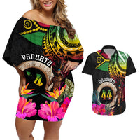 Personalised Vanuatu 44th Anniversary Couples Matching Off Shoulder Short Dress and Hawaiian Shirt Boars Tusk and Melanesian Warrior Indipendens Dei LT03 Black - Polynesian Pride