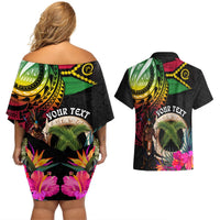 Personalised Vanuatu 44th Anniversary Couples Matching Off Shoulder Short Dress and Hawaiian Shirt Boars Tusk and Melanesian Warrior Indipendens Dei LT03 - Polynesian Pride