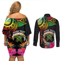 Personalised Vanuatu 44th Anniversary Couples Matching Off Shoulder Short Dress and Long Sleeve Button Shirt Boars Tusk and Melanesian Warrior Indipendens Dei LT03 - Polynesian Pride