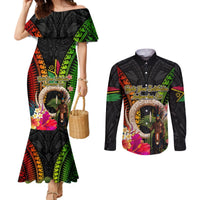Vanuatu Independence Day Couples Matching Mermaid Dress and Long Sleeve Button Shirt Boars Tusk and Melanesian Warrior Indipendens Dei LT03 Black - Polynesian Pride