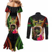 Vanuatu Independence Day Couples Matching Mermaid Dress and Long Sleeve Button Shirt Boars Tusk and Melanesian Warrior Indipendens Dei LT03 - Polynesian Pride