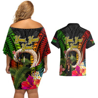 Vanuatu Independence Day Couples Matching Off Shoulder Short Dress and Hawaiian Shirt Boars Tusk and Melanesian Warrior Indipendens Dei