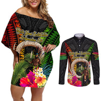 Vanuatu Independence Day Couples Matching Off Shoulder Short Dress and Long Sleeve Button Shirt Boars Tusk and Melanesian Warrior Indipendens Dei LT03 Black - Polynesian Pride