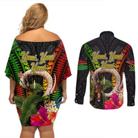Vanuatu Independence Day Couples Matching Off Shoulder Short Dress and Long Sleeve Button Shirt Boars Tusk and Melanesian Warrior Indipendens Dei LT03 - Polynesian Pride
