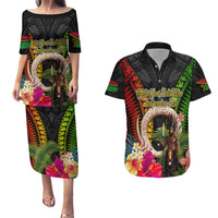 Vanuatu Independence Day Couples Matching Puletasi and Hawaiian Shirt Boars Tusk and Melanesian Warrior Indipendens Dei LT03 Black - Polynesian Pride
