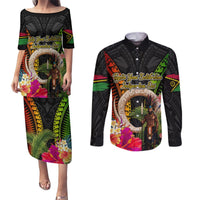 Vanuatu Independence Day Couples Matching Puletasi and Long Sleeve Button Shirt Boars Tusk and Melanesian Warrior Indipendens Dei LT03 Black - Polynesian Pride
