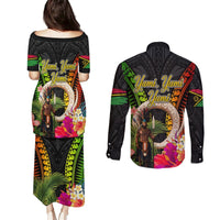 Vanuatu Independence Day Couples Matching Puletasi and Long Sleeve Button Shirt Boars Tusk and Melanesian Warrior Indipendens Dei LT03 - Polynesian Pride